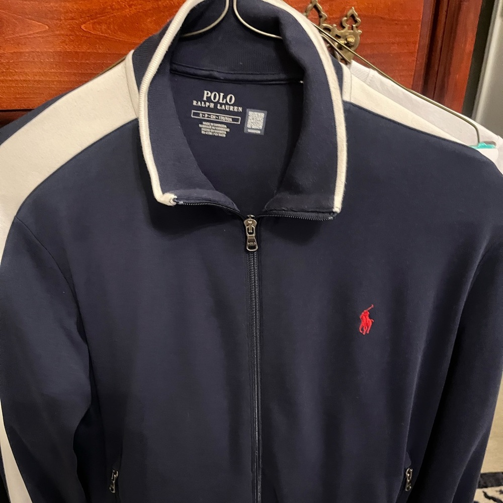 Beautiful lNavy Blue Zip-Up Jacket with Red Polo sweatsuit size small.